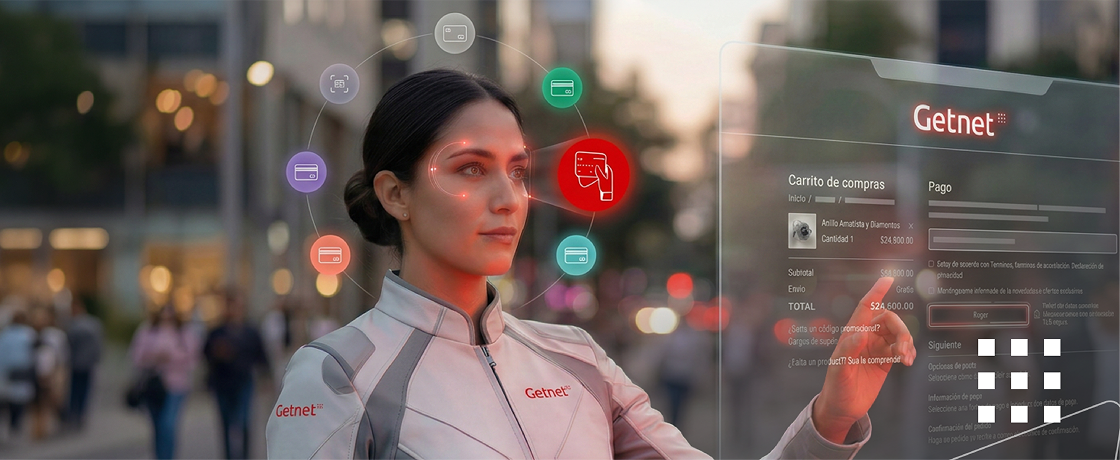 Mujer seleccionando opciones en pantalla holográfica con fondo de calle